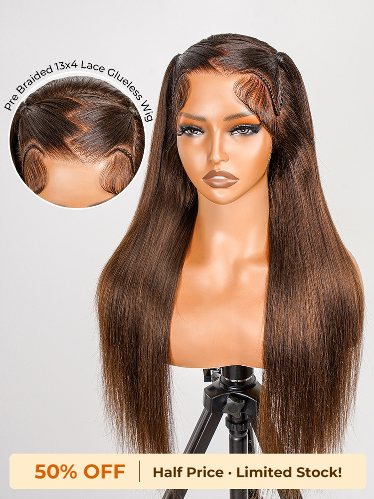 #4 Brown Pre Styled Zig Zag Part Frontal Wig Straight Glueless Lace Wig