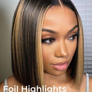 Foil Highlight Blunt Cut Bob Wig Custom Colored Wigs With Dark Roots