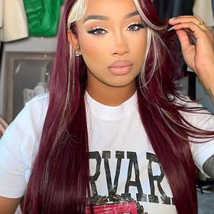 Burgundy With Blonde Highlights Lace Front Wig Skunk Stripe Hair Wigs