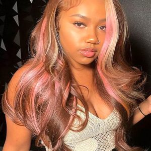 Pink Highlights In Brown Hair Body Wave Lace Wig With Blonde And Pink Highlights