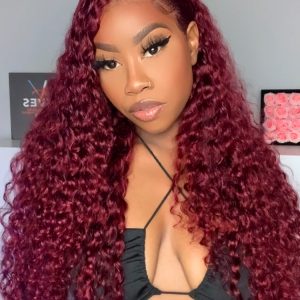 99J Deep Wave Lace Frontal Wigs Afordable 5x5 Lace Human Hair Burgundy Wigs