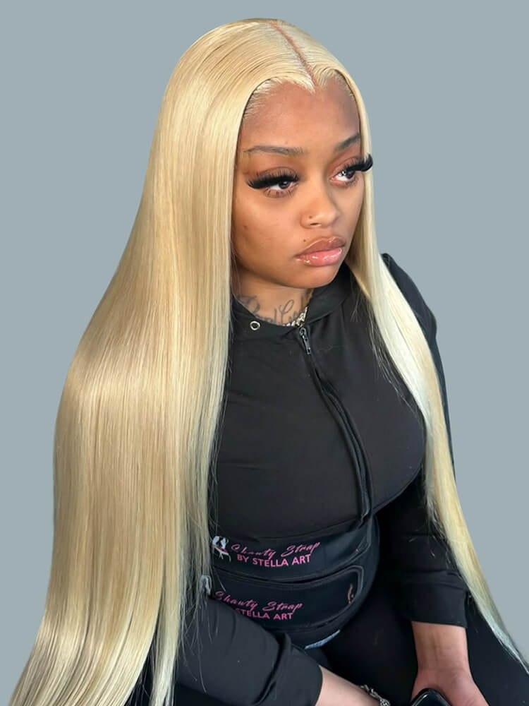 High-Gloss Blonde Straight M Hairline 6x8 Lace Front Wigs 250 Density