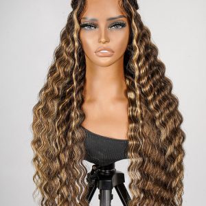 Glueless #P4/27 Color Highlight Wig Styled Crimped Wavy Front Wig