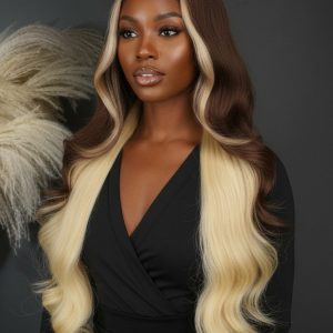 Caramel Macchiato Pre-Styled Layered 250 Density Wig With Skunk Stripe