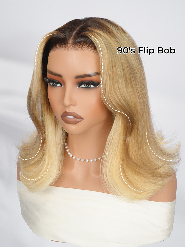 90's Flip Bob Blonde Ombre Body Wave Shoulder Length 5*7 Lace Front Wig - Image 2