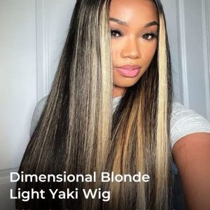 Light Yaki Straight Glueless Lace Wig With Hidden Blonde Highlights
