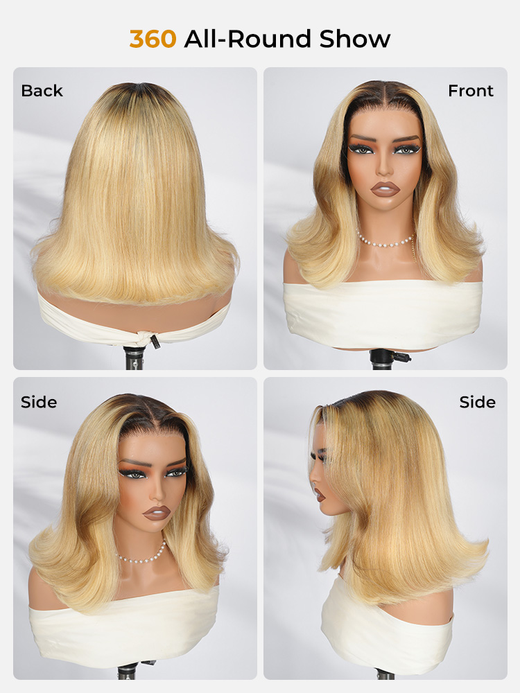 90's Flip Bob Blonde Ombre Body Wave Shoulder Length 5*7 Lace Front Wig - Image 9