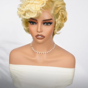 Blonde Curly Pixie Cut 13x4 Lace Front Glueless Wig With Drawstring