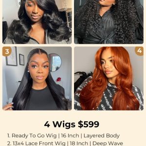 $599=4 Wigs: 24Inch M Hairline Wig + 20 Inch Copper 5x7 Glueless Wig + 18 Inch Deep Wave 13x4 Wig and 16 Inch Layered Body Wave 6x8 Glueless Wig