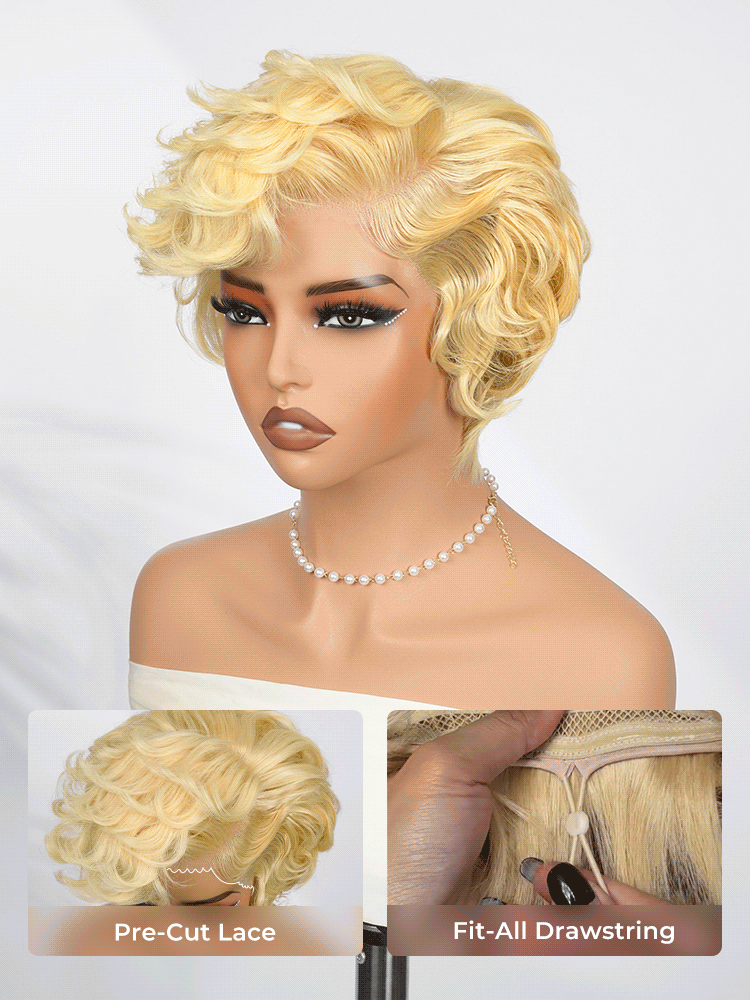 Blonde Curly Pixie Cut 13x4 Lace Front Glueless Wig With Drawstring - Image 2
