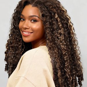 4/27 Highlight Burmese Curly 5x7 Glueless Lace Front Wig 250% Density