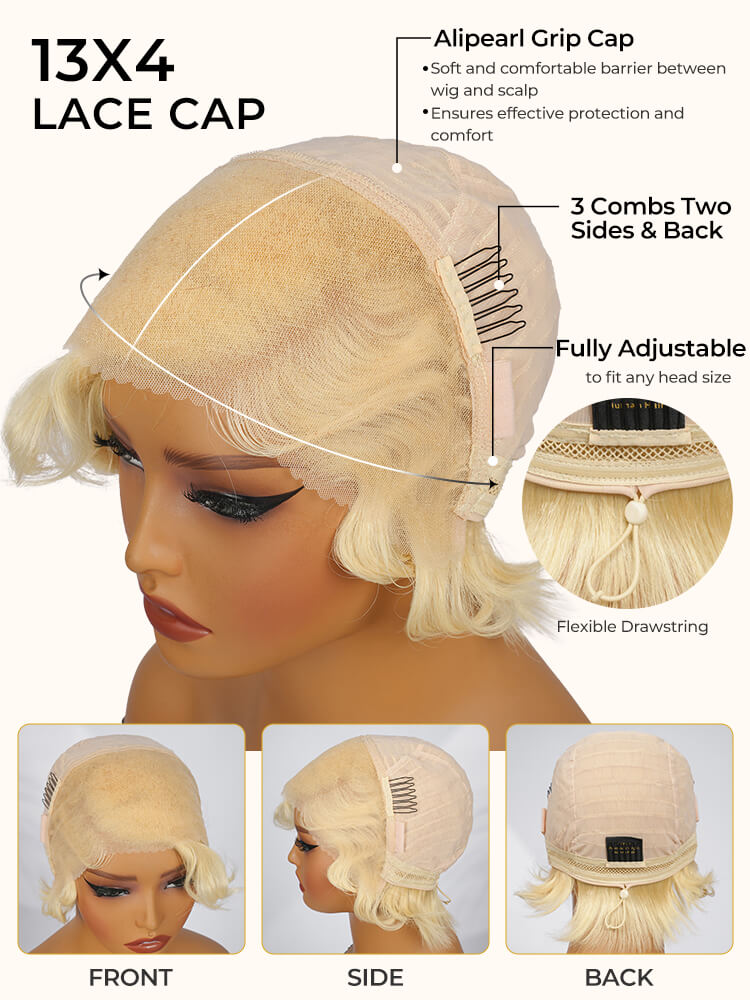 Blonde Curly Pixie Cut 13x4 Lace Front Glueless Wig With Drawstring - Image 3