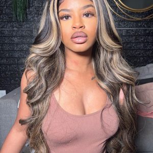 Black Wig With Honey Blonde Highlights Body Wave Lace Frontal Wigs With Balayage Highlights