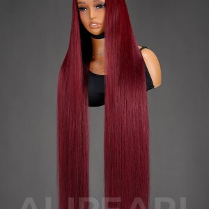 40 Inch Burgundy Straight 13x6 Transparent Lace Front Wigs Human Hair 300% Density